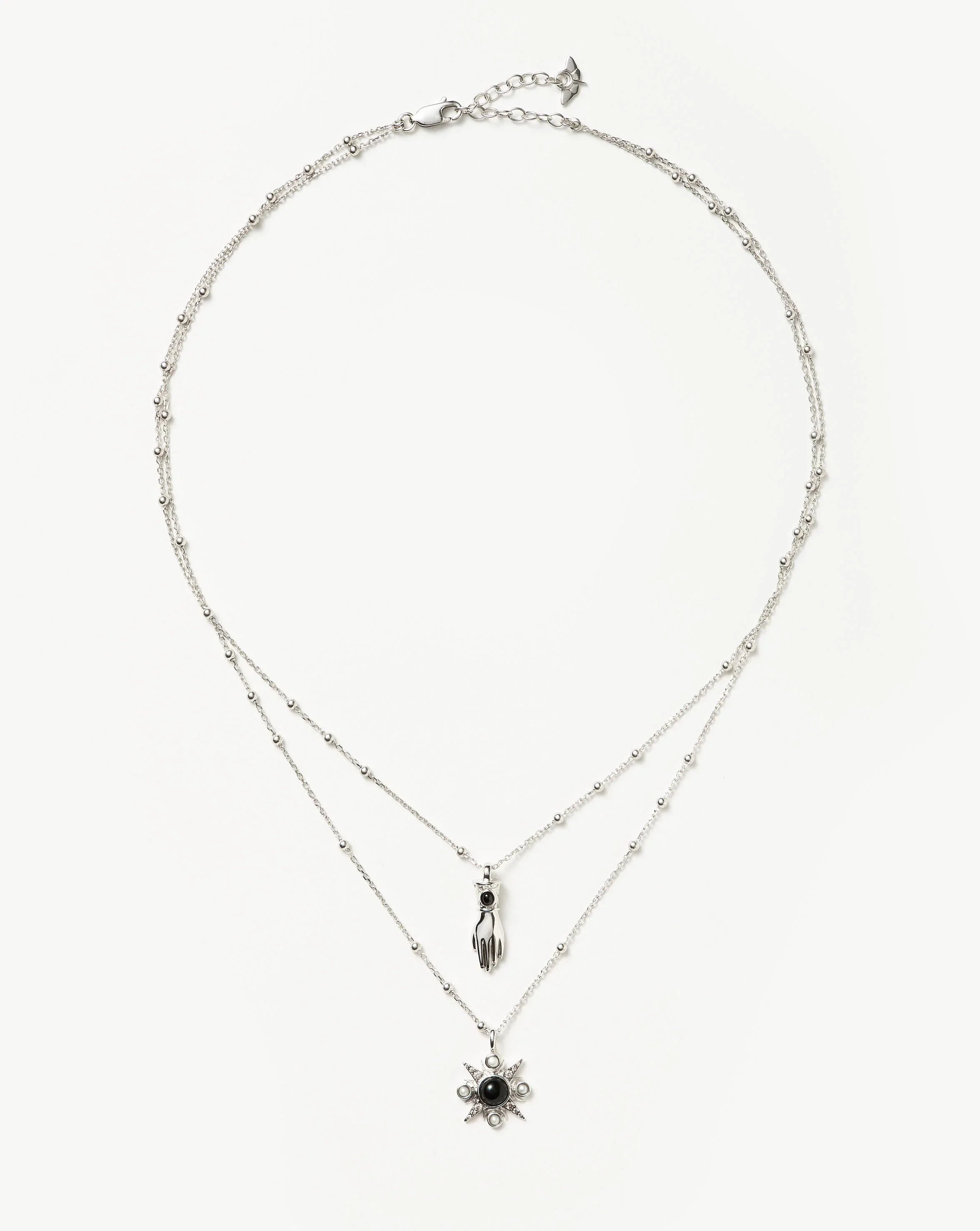 Harris Reed Handpicked Double Chain Pendant Necklace | Silver Plated/Pearl & Onyx