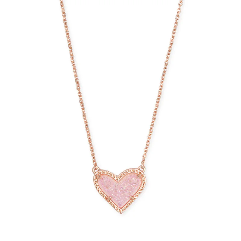 Kendra Scott Ari Heart Short Pendant Necklace Rose Gold Pink Drusy