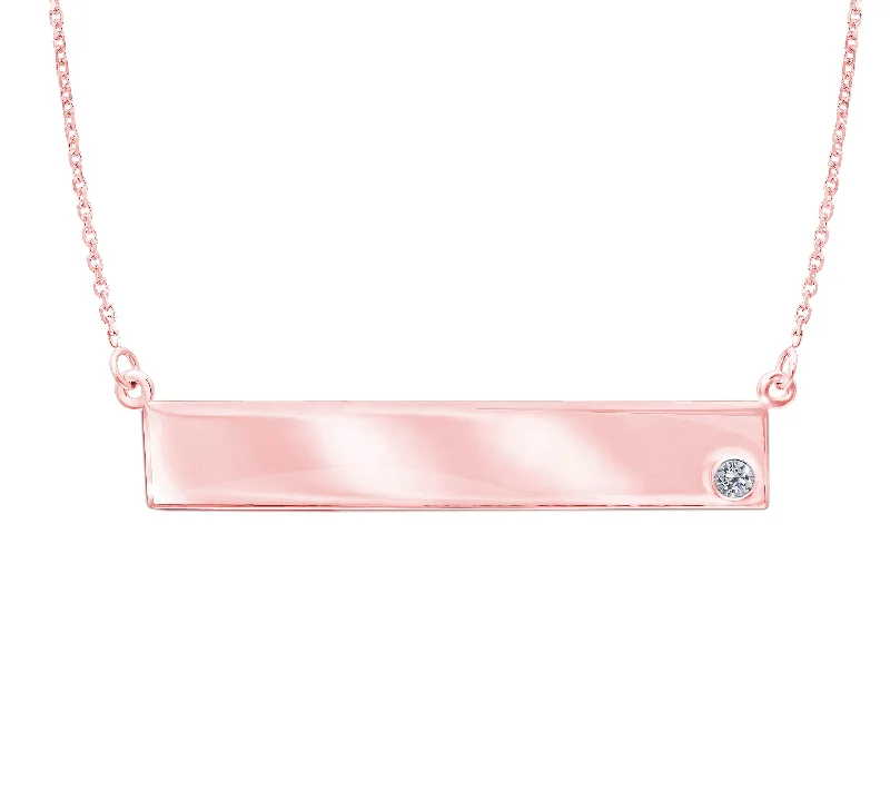 Sterling Silver with Rose Gold Plating Engravable Bar Necklace with Bezel Set CZ Accent