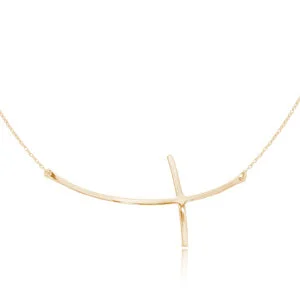 14 Karat Yellow Gold Curved Sideways Cross Necklace