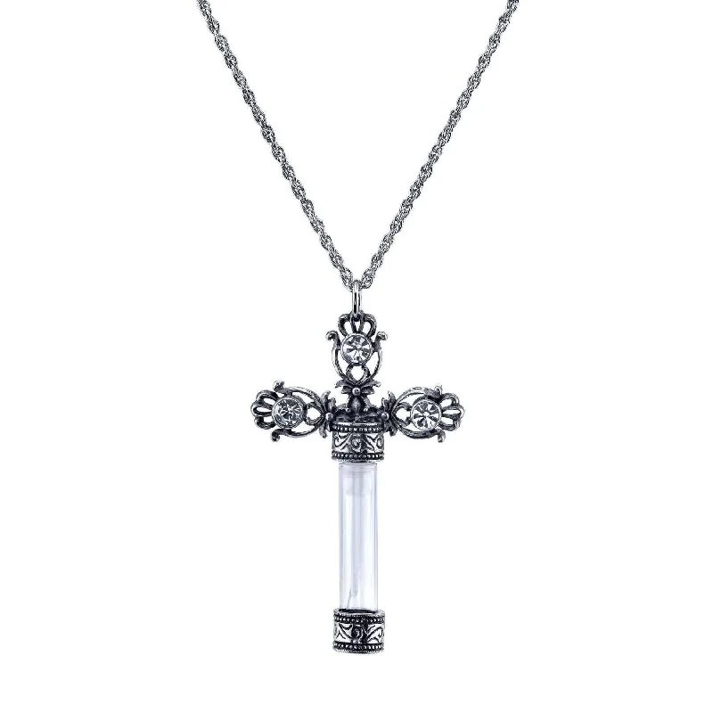 1928 Jewelry Antiqued Ornate Cross Clear Crystal Glass Vial Necklace 30"