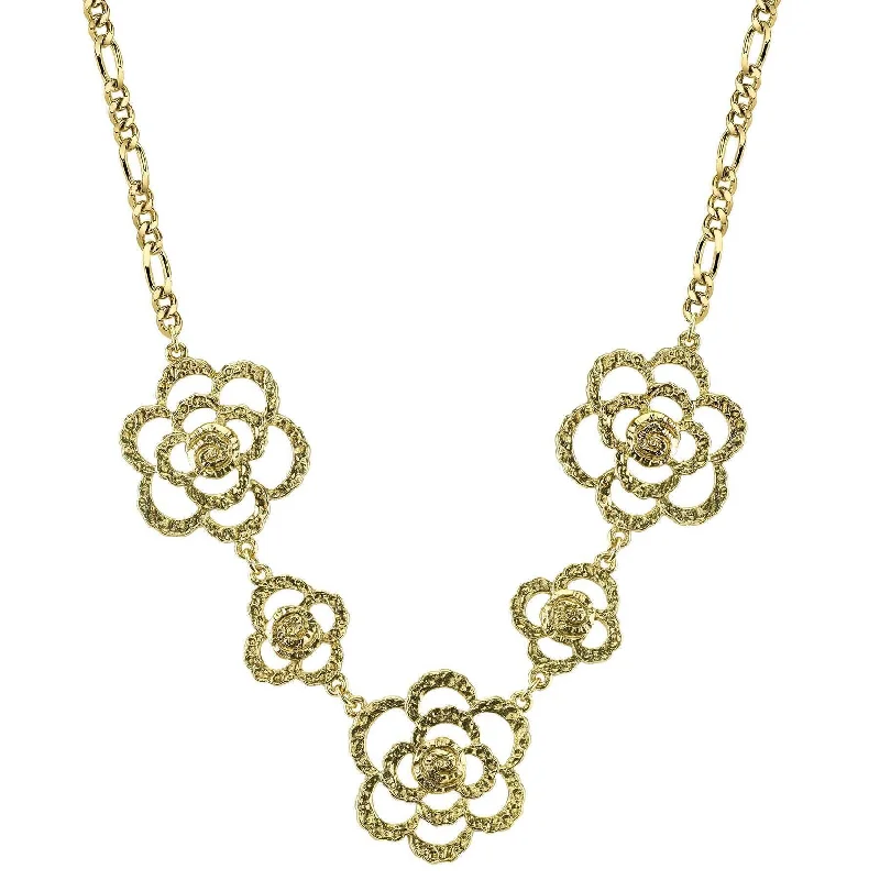 1928 Jewelry Gold Hammered Flower Necklace 18"