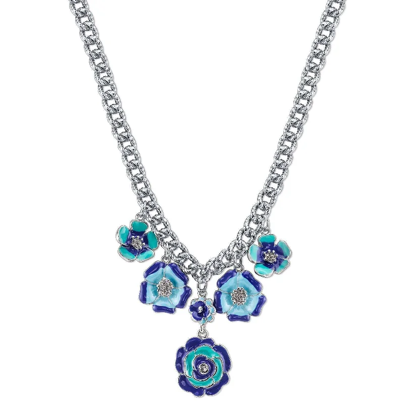 2028 Jewelry Blue Enamel Flower Necklace 16" + 3" Extender