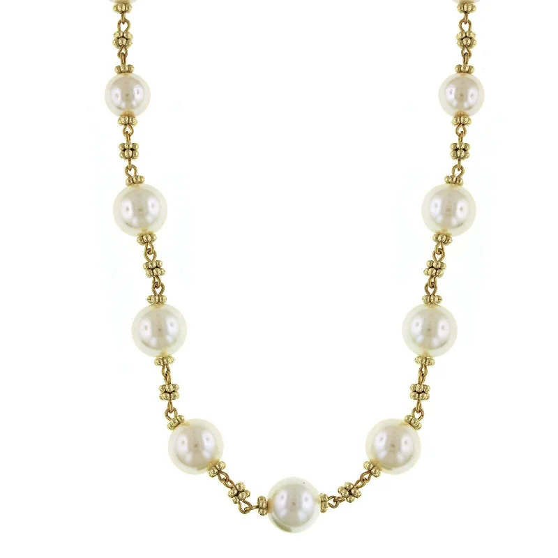 1928 Jewelry White Faux Pearl Beaded Necklace 16" + 3" Extender