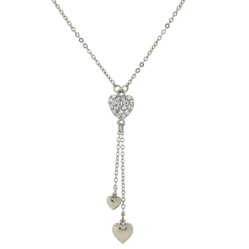 1928 Jewelry Crystal Heart Pendant Necklace With Tassel Drops 16" + 3" Extender