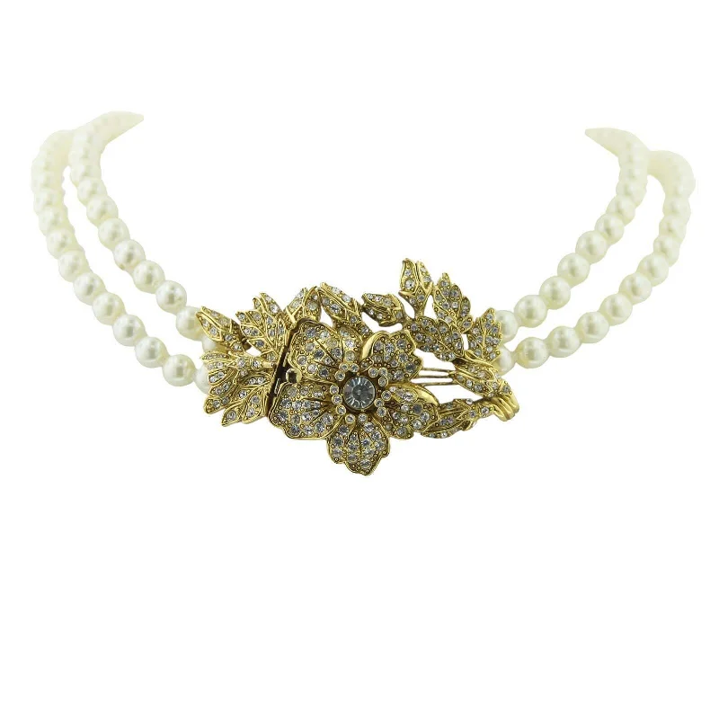 Antiquities Couture 8mm Faux Pearl Strand With Crystal Double Strand Flower Pendant Necklace 44"