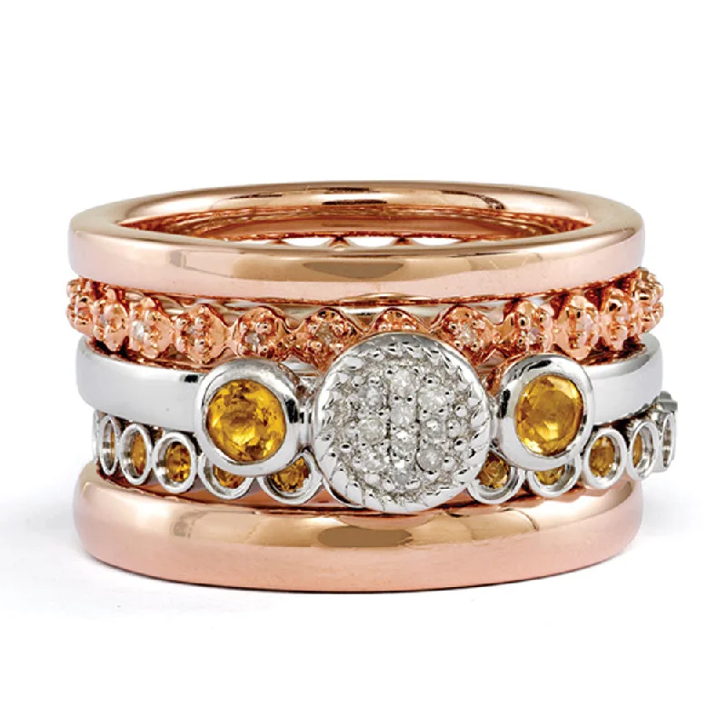 14K Rose Gold Plated Silver, Citrine & Diamond Stackable Ring Set