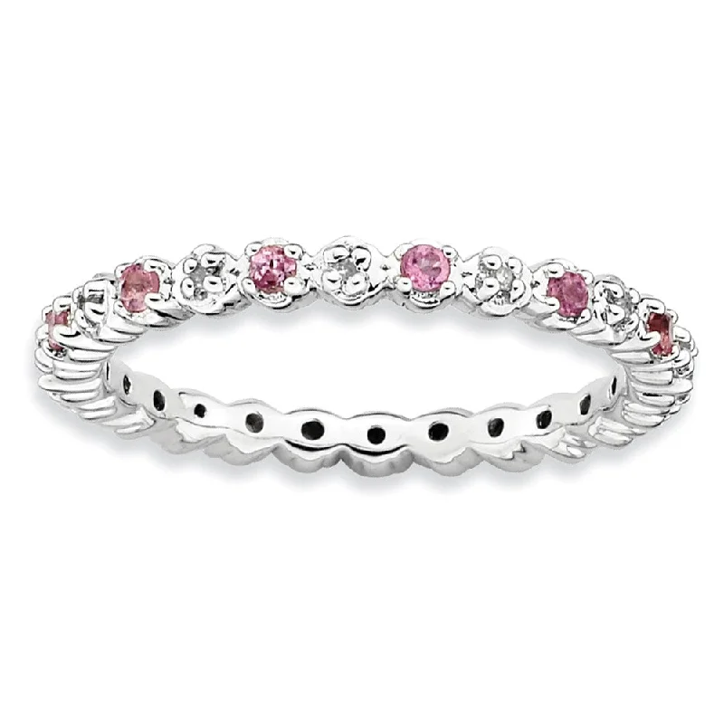 2.25mm Stackable Pink Tourmaline & .04Ctw HI/I3 Diamond Silver Band