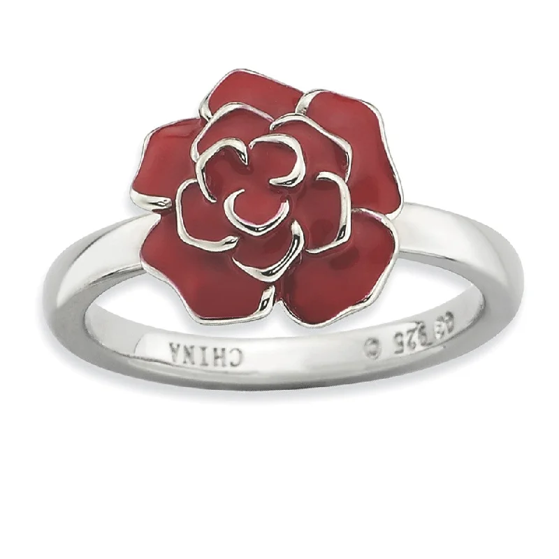 2.25mm Sterling Silver Stackable Enameled Red Rose Ring