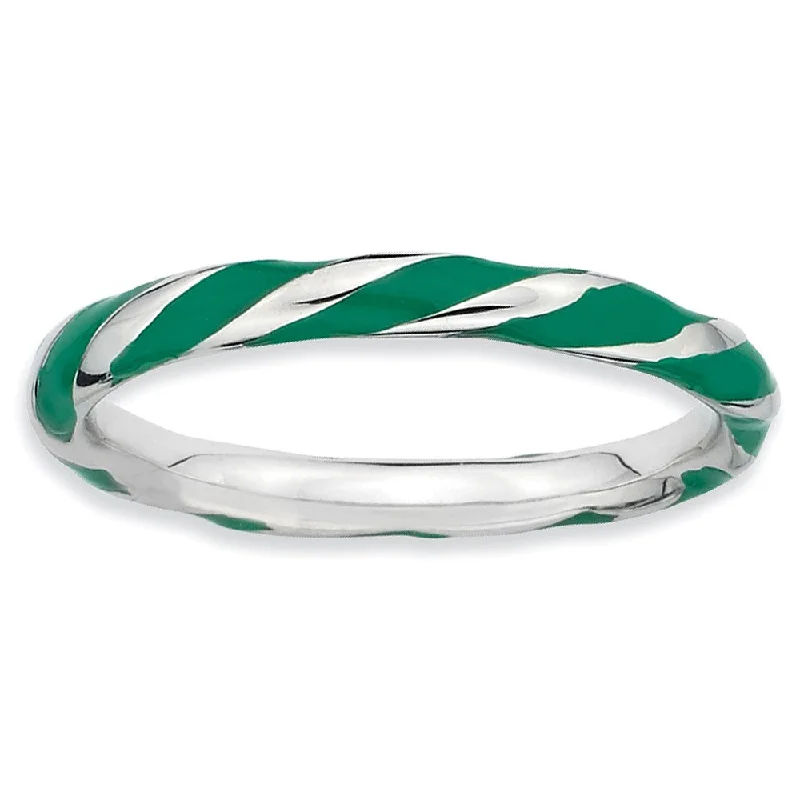 2.4mm Silver Twisted Green Enameled Stackable Band