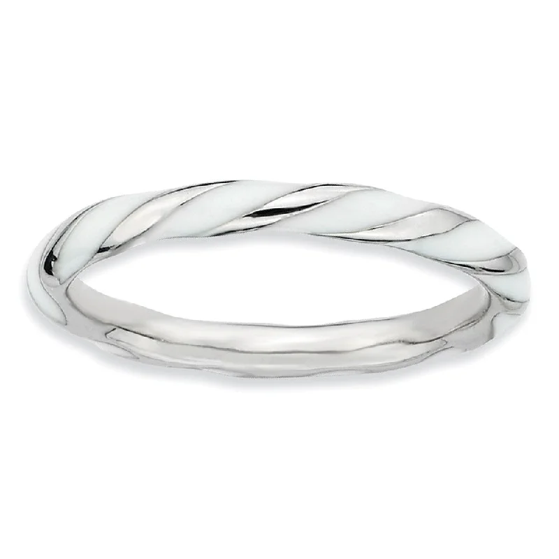 2.4mm Silver Twisted White Enameled Stackable Band