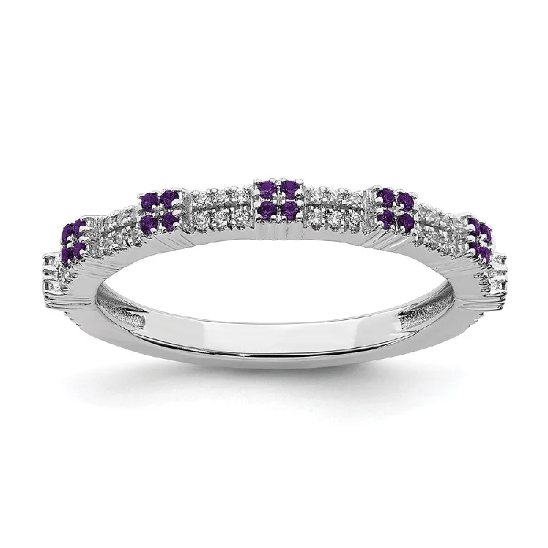 2.5mm Rhodium Sterling Silver, Amethyst & Diamond Stackable Band