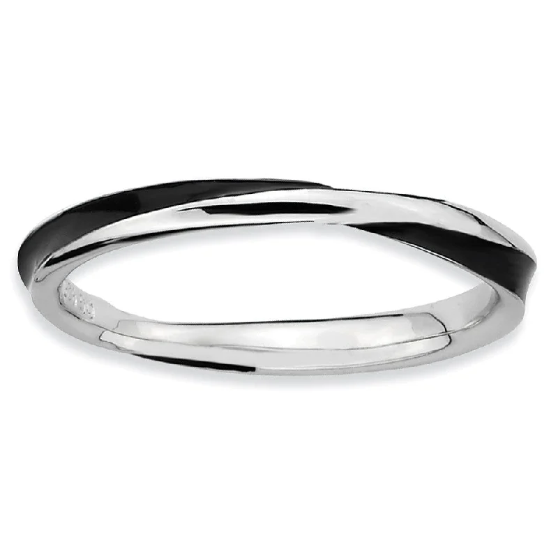 2.5mm Silver Twisted Black Enameled Stackable Band