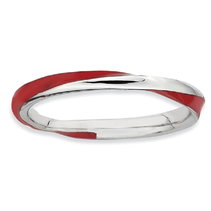 2.5mm Silver Twisted Red Enameled Stackable Band