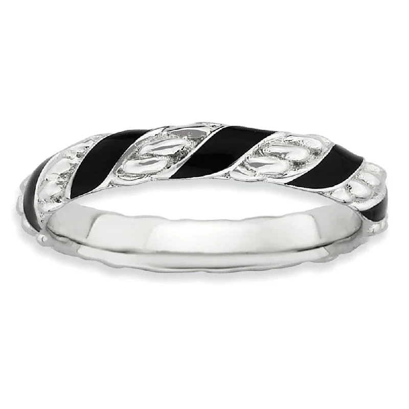 3.25mm Silver Twisted Black Enameled Stackable Band