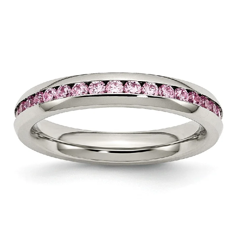 4mm Stainless Steel And Light Pink Cubic Zirconia Stackable Band