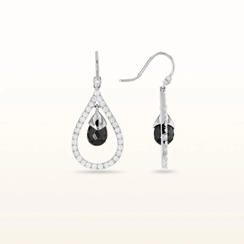 Black Briolette and White Round Diamond Drop Earrings in 14kt White Gold