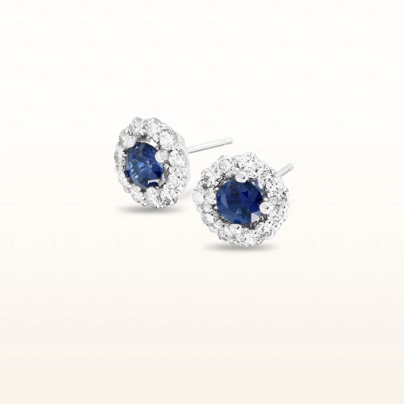 Blue Sapphire and Diamond Halo Earrings in 14kt White Gold