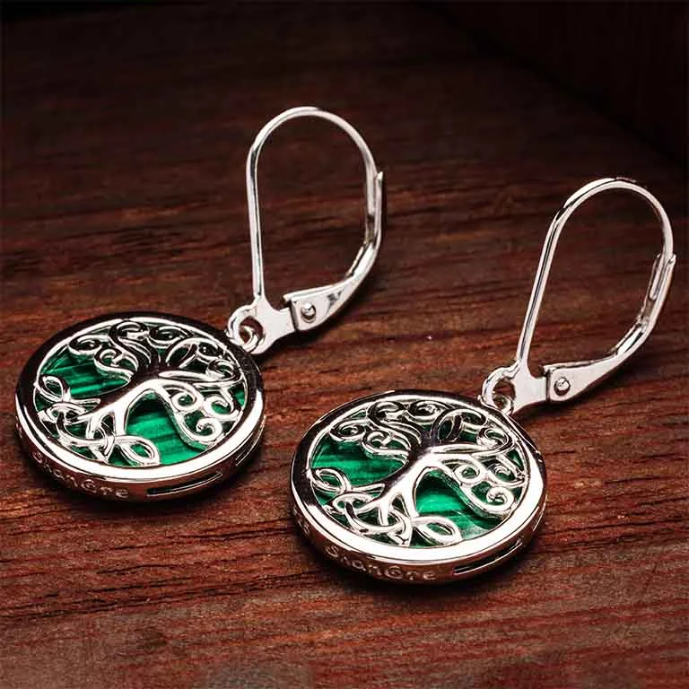 Green Malachite Sterling Silver Tree of Life Earrings