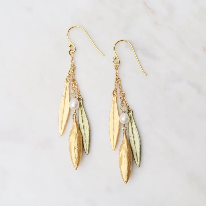 Leaf & Bud 3 Leaf Pearl Drop Earrings