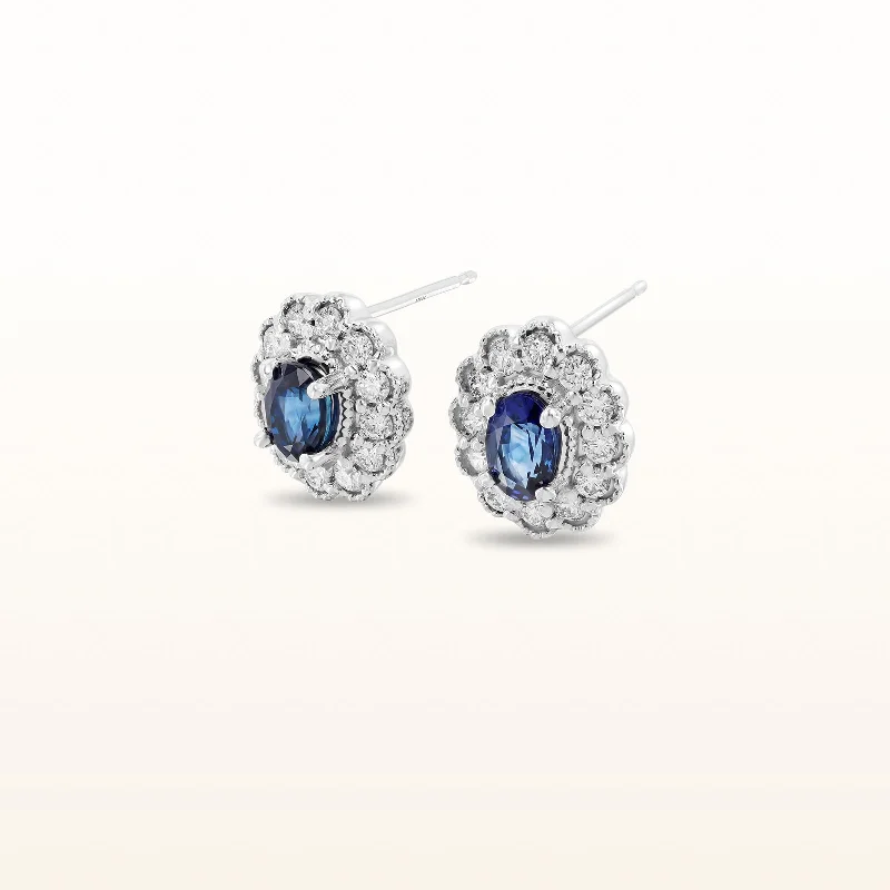 Oval Blue Sapphire and Diamond Halo Earrings in 14kt White Gold