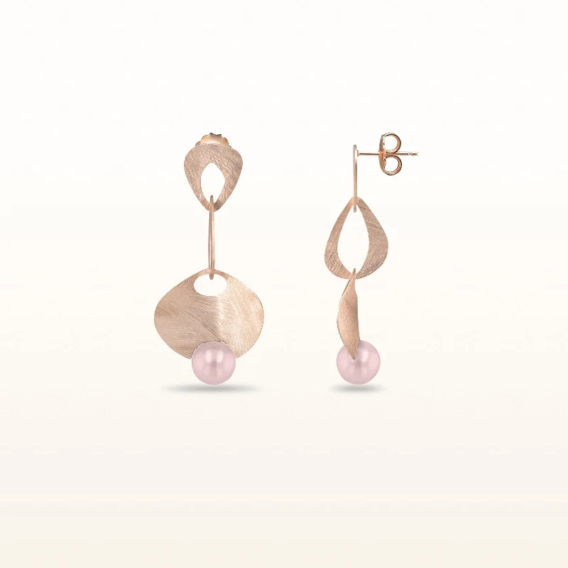 Pearl or Gemstone Wire Brushed Dangle Earrings in Rose Gold Plated 925 Sterling Silver