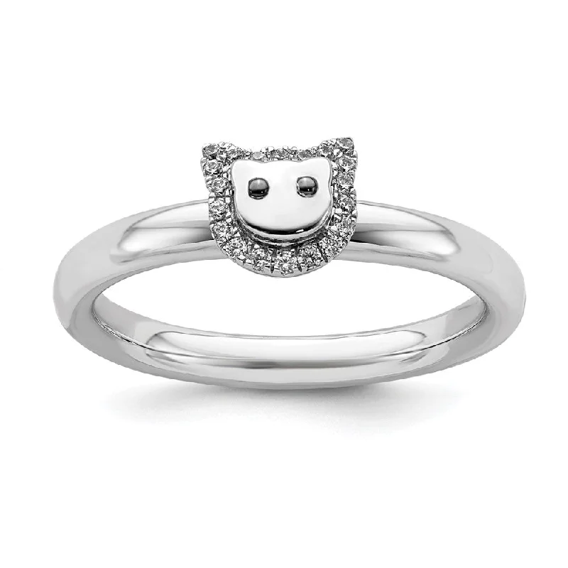 Rhodium Plated Sterling Silver & Diamond Stackable Cat Ring