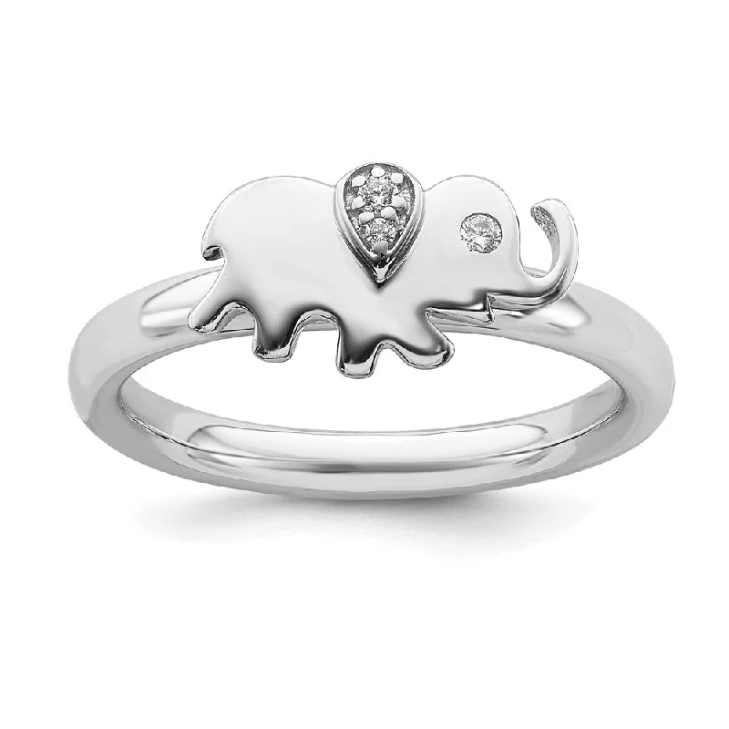 Rhodium Plated Sterling Silver & Diamond Stackable Elephant Ring