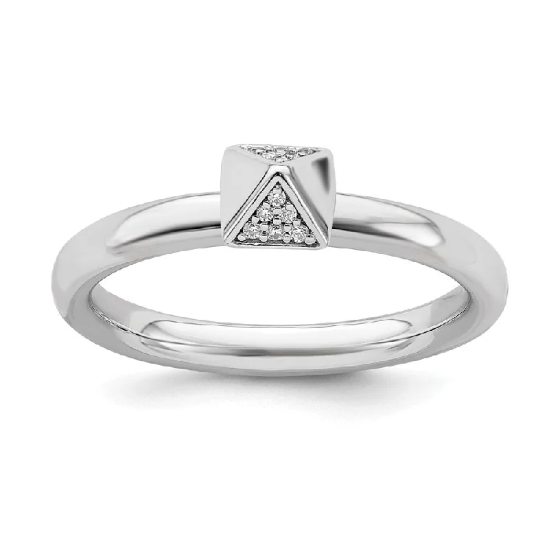 Rhodium Plated Sterling Silver Diamond Stackable Pyramid Ring