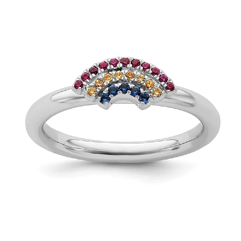 Rhodium Sterling Silver & Gemstone Stackable Rainbow Ring