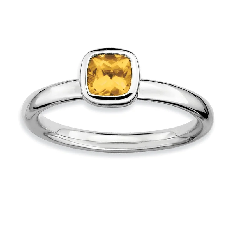 Silver Stackable Cushion Cut Citrine Solitaire Ring