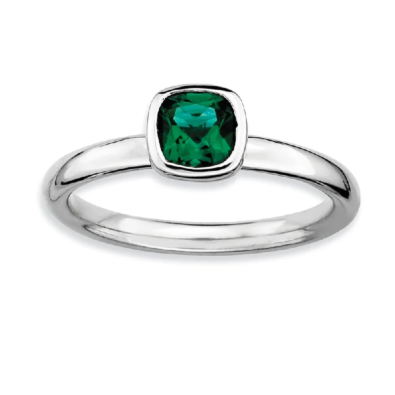 Silver Stackable Cushion Cut Created Emerald Solitaire Ring