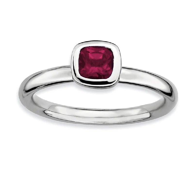 Silver Stackable Cushion Cut Rhodolite Garnet Solitaire Ring