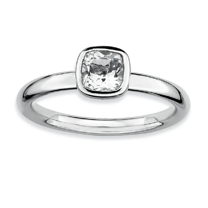 Silver Stackable Cushion Cut White Topaz Solitaire Ring