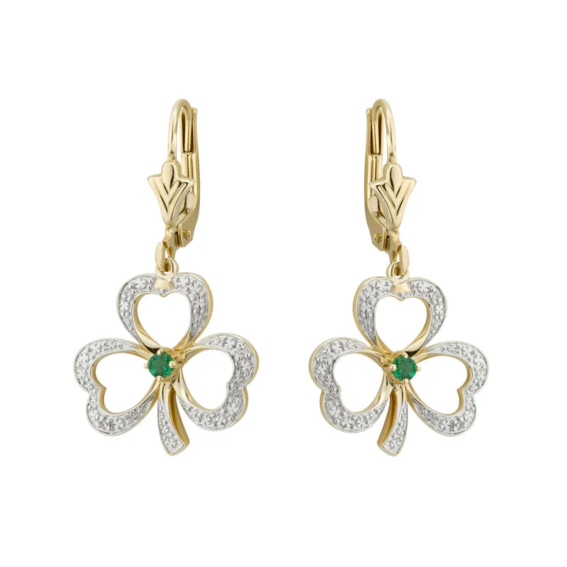 14K Diamond Emerald Shamrock Drop Earrings