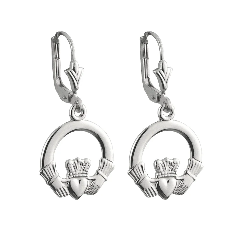 14k White Gold Claddagh Drop Earrings