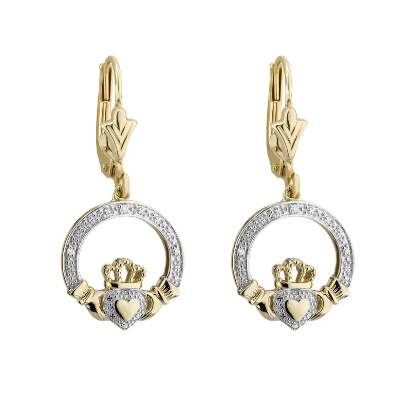 Gold Diamond Claddagh Drop Earrings