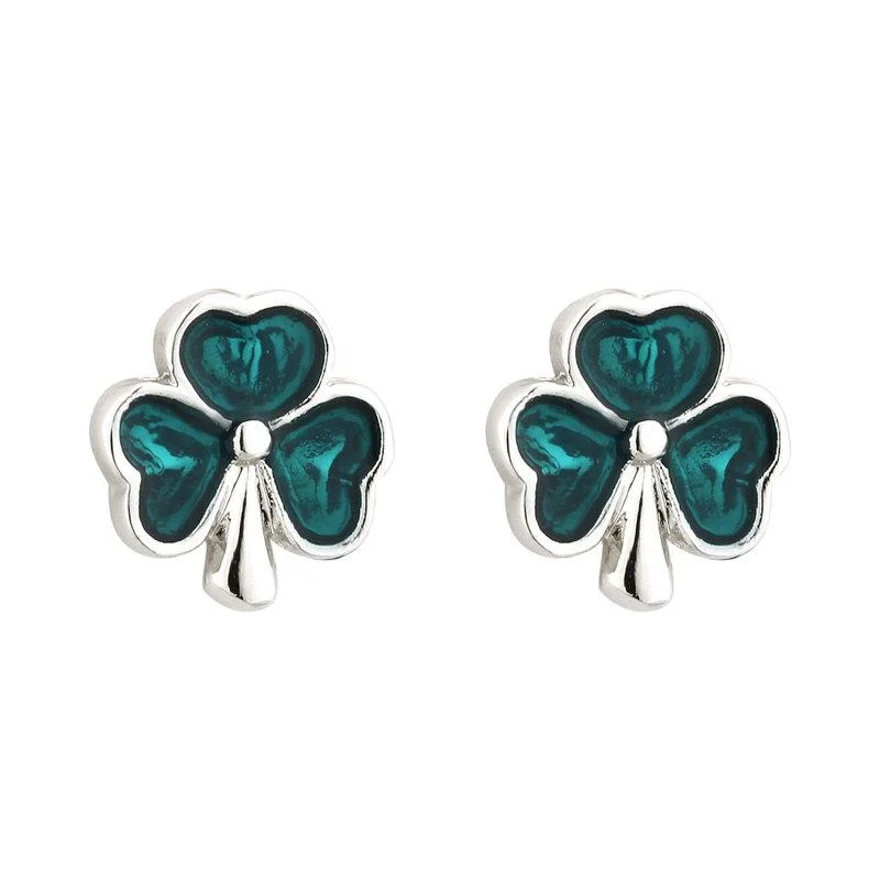 Solvar Rhodium Enamel Shamrock Stud Earrings