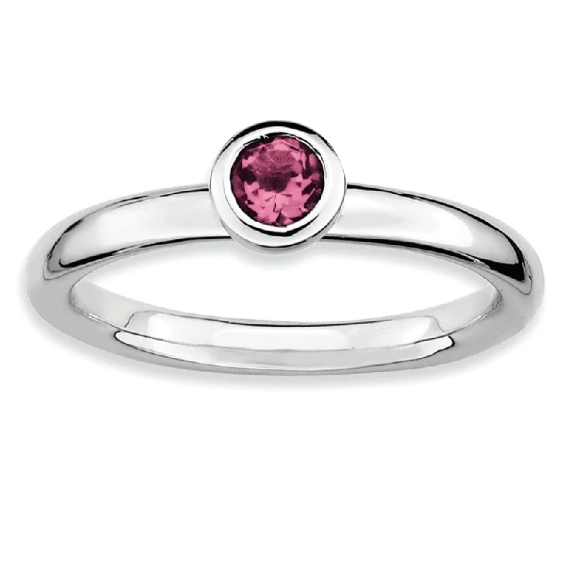 Stackable Low Profile 4mm Pink Tourmaline Silver Ring