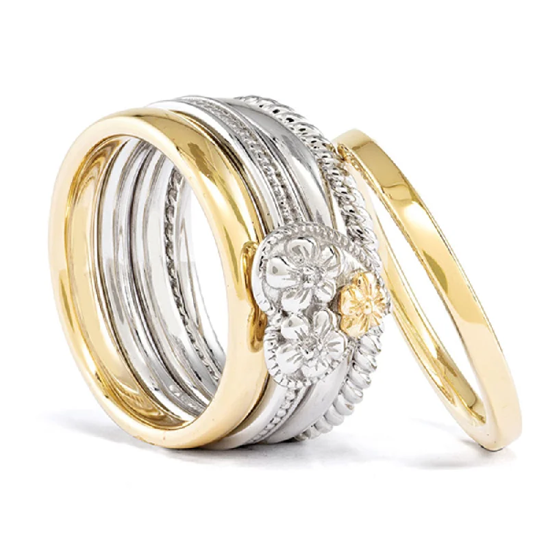 Sterling Silver & 14K Gold Plated Diamond Floral Heart Stack Ring Set