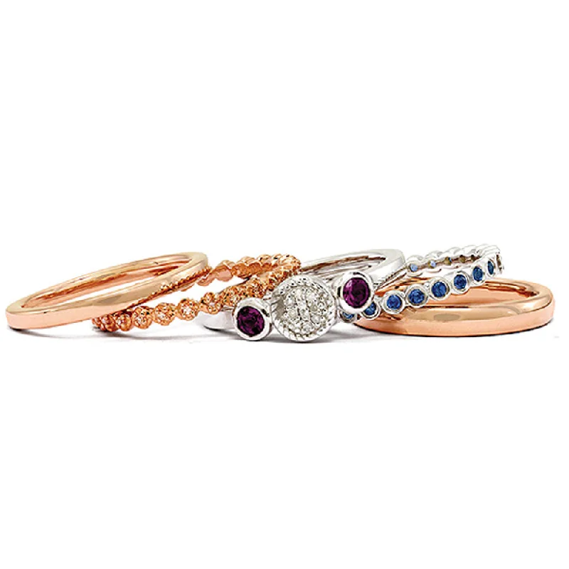 Sterling Silver, 14K Rose Plated & Multi Gemstone Stackable Ring Set