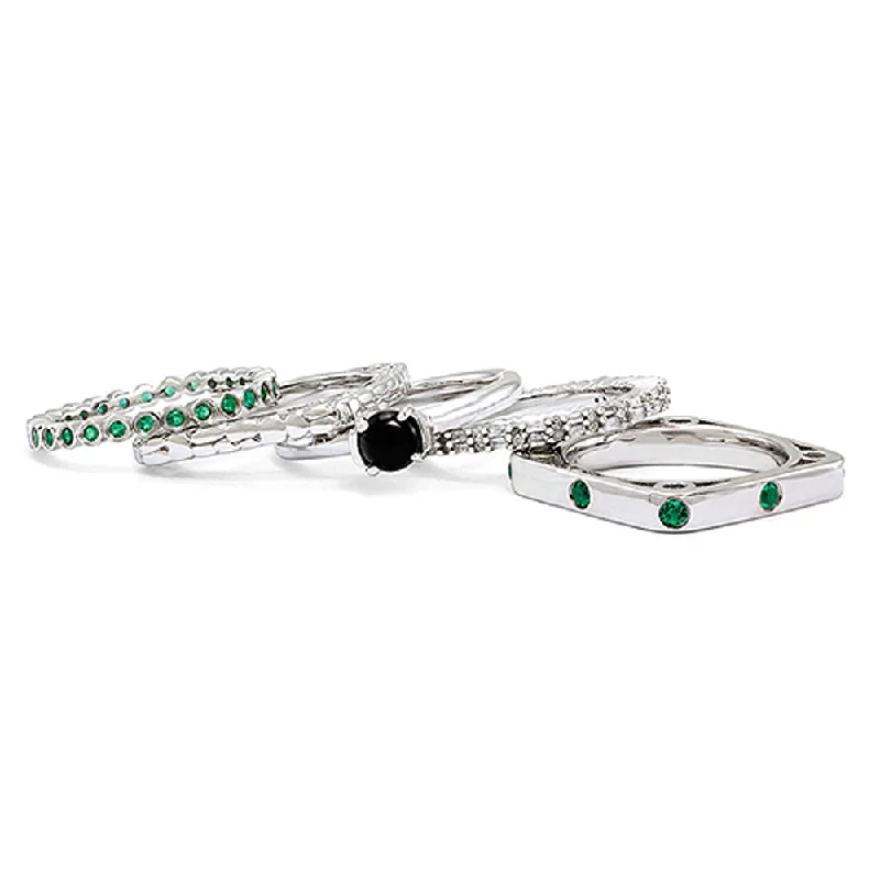 Sterling Silver & Black Agate Stackable Five Ring Set