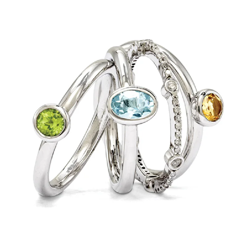 Sterling Silver Classic Solitaire Gemstone &Diamond Stackable Ring Set