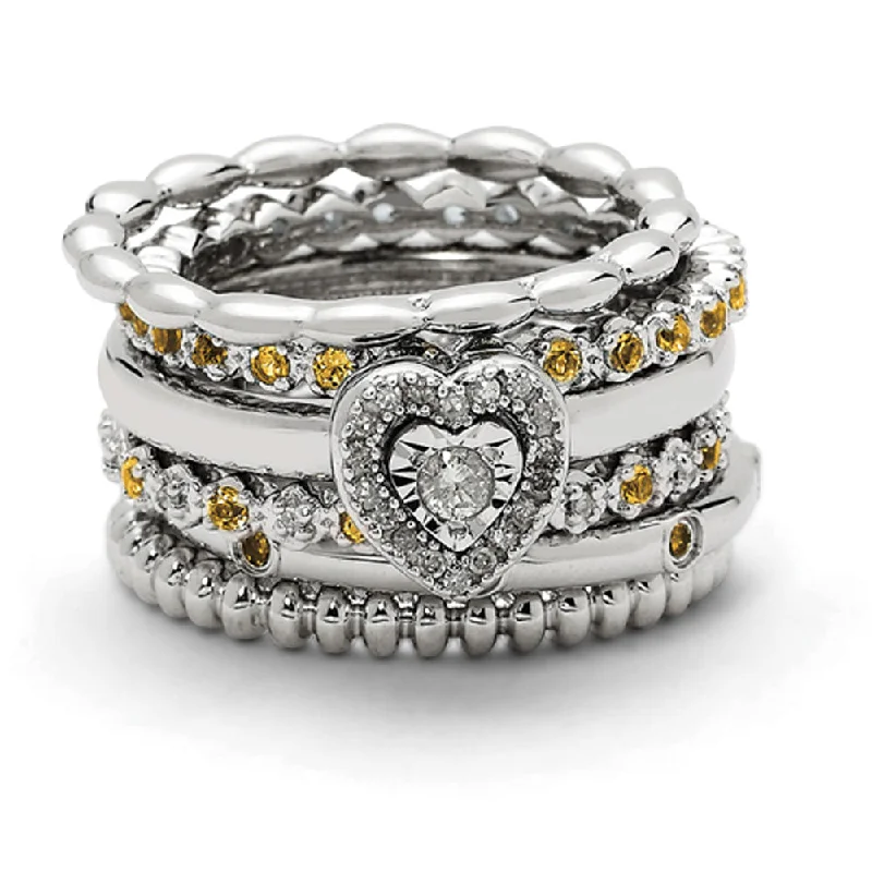 Sterling Silver, Diamond  & Citrine Stackable Heart Ring Set