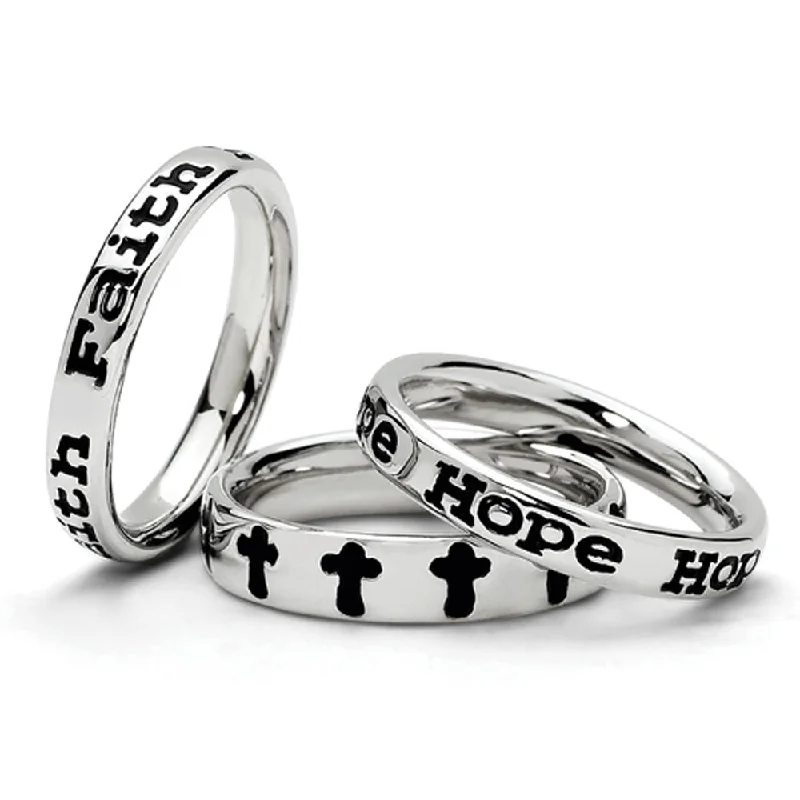 Sterling Silver & Enamel Stackable Faith & Hope Script Band Ring Set