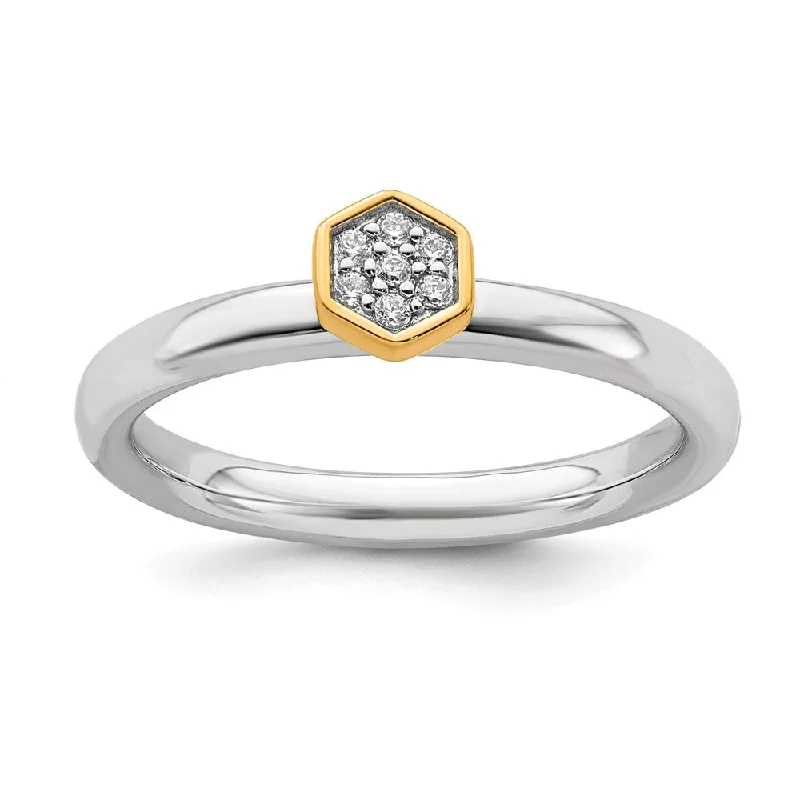 Sterling Silver Rhodium & 14k Gold-Plated Diamond Hexagon Stack Ring