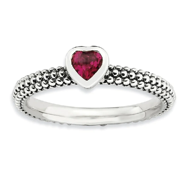 Sterling Silver Stackable 1/3 Carat Created Ruby Heart Ring