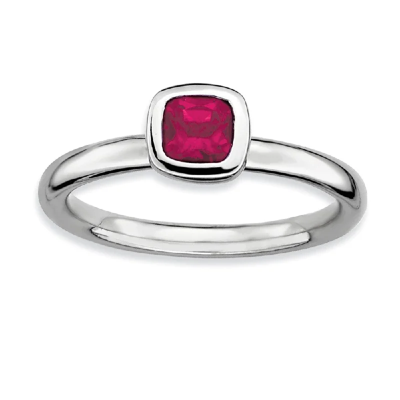 Sterling Silver Stackable Cushion Cut Created Ruby Solitaire Ring