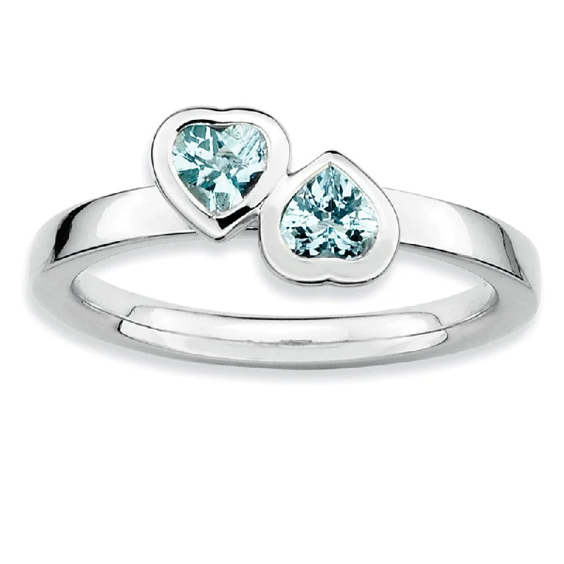 Sterling Silver Stackable Double Heart Aquamarine Ring