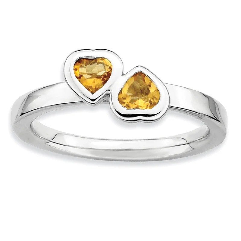 Sterling Silver Stackable Double Heart Citrine Ring